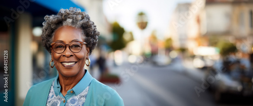Smiling senior black woman dressed in blue suit exudes confidence  photo