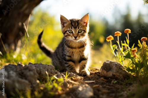 Tabby kitten outdoors amid natural surroundings exuding youthful curiosity 