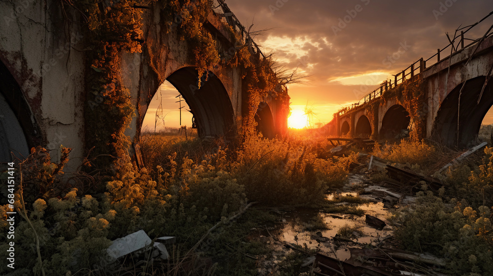 decaying aqueduct in a post-apocalyptic setting, rusty metal, overgrown ...