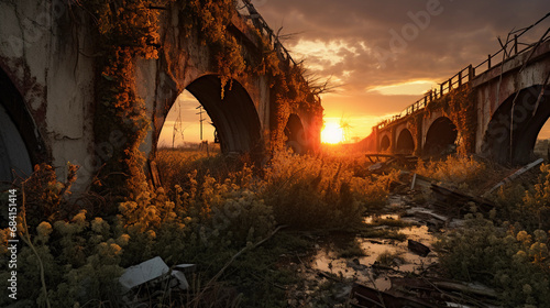 decaying aqueduct in a post-apocalyptic setting, rusty metal, overgrown with mutated plants photo