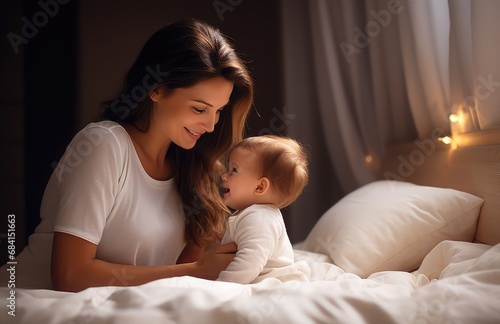 a lady is holding a baby in bed
