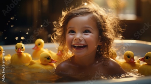 National Rubber Ducky Day. Happy baby bathes in the bath and plays with rubber ducks.