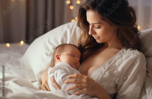 a lady is holding a baby in bed