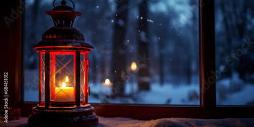 Single tall, red candle inside a lantern, set on a windowsill during a snowy evening, warm indoor lighting contrasting with cold outdoor lighting