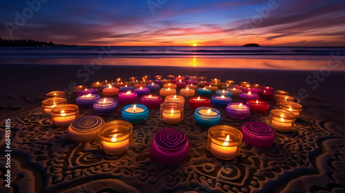 Several multicolored votive candles arranged in a mandala pattern on a sandy beach at dusk photo