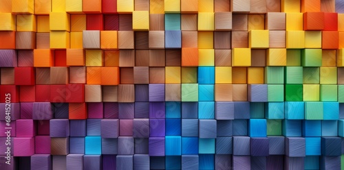rainbow colors colored 3d wooden square cubes texture wall background  illustration panorama long  textured wood wallpaper