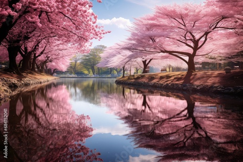 Serene pond surrounded by cherry blossom trees