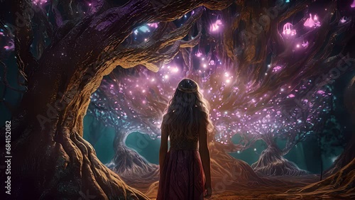 Young man walking in a fairy forest. Created with generative AI