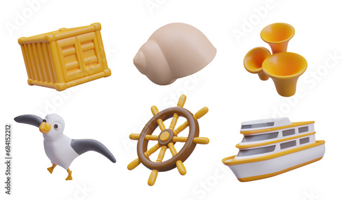 3D yellow container, shell, tube coral, seagull, ship wheel, yacht. Set of vector illustrations for site design about sea, ocean, travel, transportation