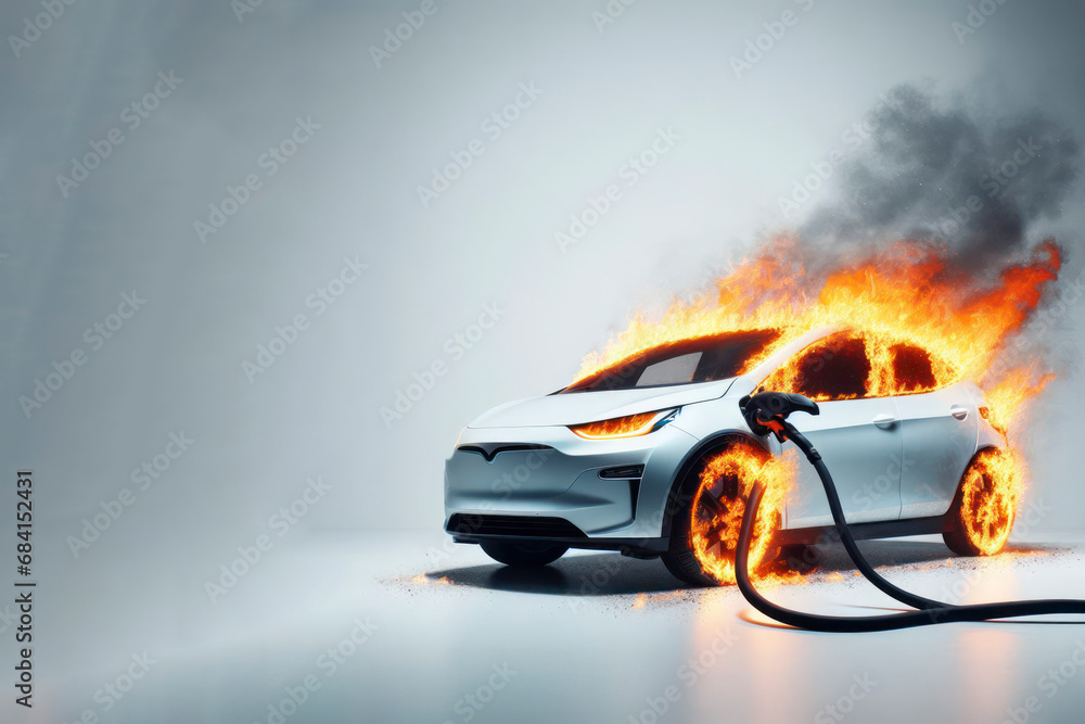 EV car fire while charging. Fire hazard from car on solid white