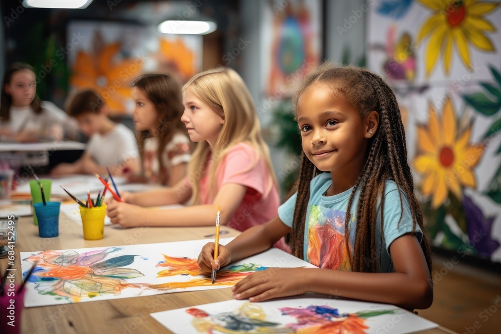Happy children engaged in drawing and creativity at table in the classroom Happy children engaged in drawing and creativity at table in the classroom