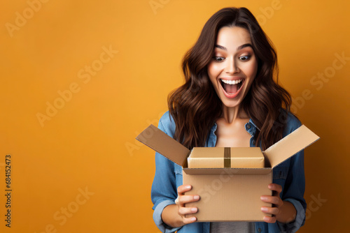 Excited woman unboxing parcel looking into open cardboard on solid color background. ai generative photo