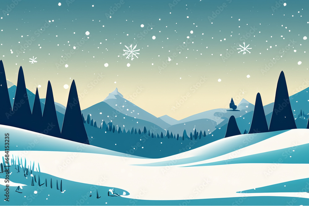 Snow landscape illustration. Best use for holiday or winter themed design. Design for postal use. Invitation. Letter of Invitation. Winter 2023-2024