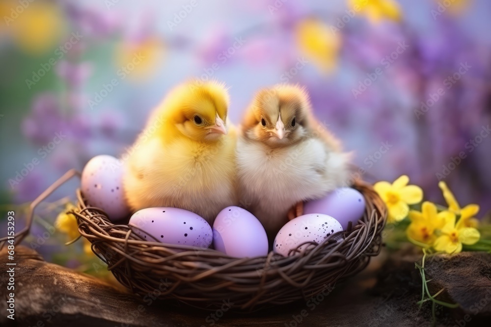 two chicks with purple violet eggs in the basket. 