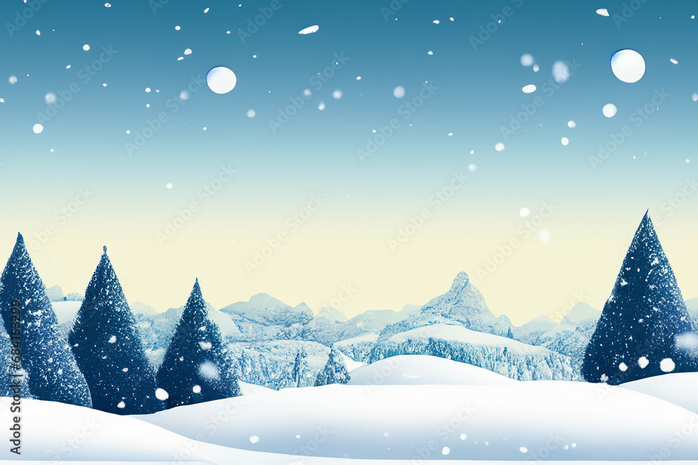 Snow landscape illustration. Best use for holiday or winter themed design. Design for postal use. Invitation. Letter of Invitation. Winter 2023-2024
