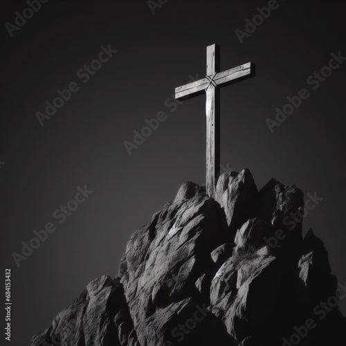 Religious Christian banner of a black and white wooden cross on rock hilltop with copy space. ai generative