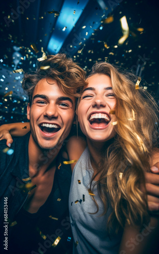 Two young teenagers, boy and girl, are laughing and joyful at a New Year's Eve party