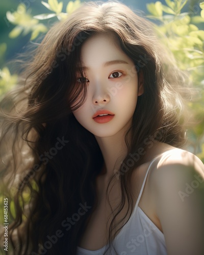 Minimalistic, elegant portrait of a Asian woman with long, shiny hair. Soft, translucent light illuminates her graceful features, creating a tranquil and ethereal atmosphere © Aidas