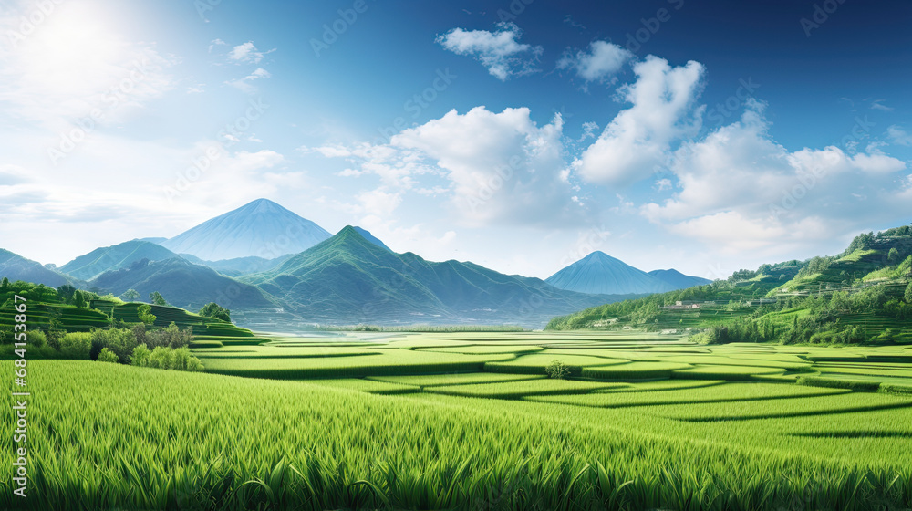 the green field of rice with mountains and the mist