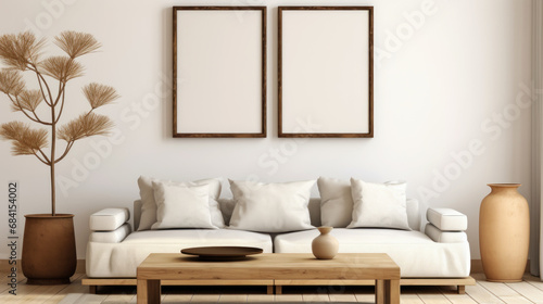 Japanese Modern Living Room, A Square Coffee Table Adjacent to a White Sofa, Surrounded by Rustic Cabinets, Set Against a Blank Wall Featuring Poster Frames for Personalized Decor. 