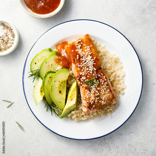 Roasted teriyaki salmon with avocado photo