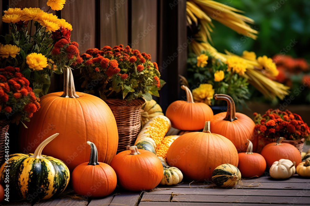 Seasonal decorations with pumpkins outside. Autumn harvest, Thanksgiving or Halloween background