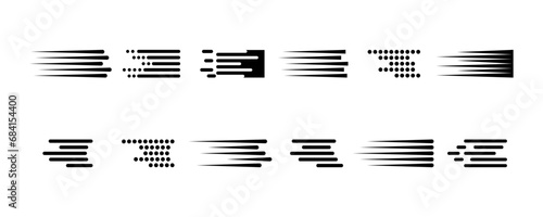 Set of speed lines vector icons. Fast motion effect. Black horizontal action lines. Speed and fast action symbol. Comic element. Vector 10 Eps.