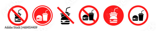 Set of no food vector signs. Red prohibition sticker with no eat and drink. Vector 10 EPS.
