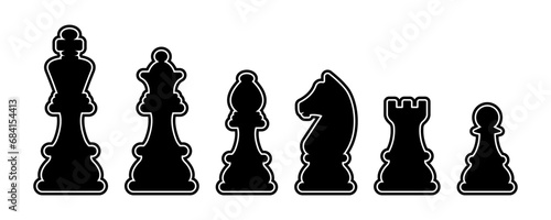 Set of linear chess vector icons. Black silhouette with chess. King, queen, pawn, horse and rook. Vector 10 Eps.