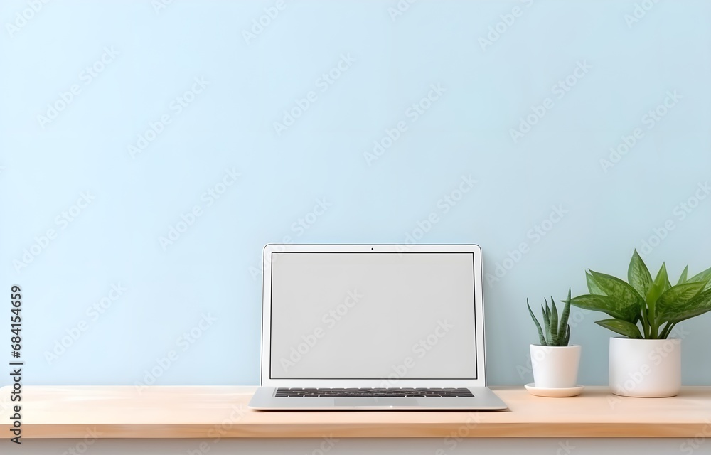 Empty screen laptop mockup on an office desk in a modern light office room Empty screen laptop mockup on an office desk in a modern light office room