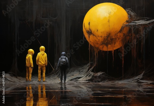 widok sztuki komputerowej żółty balon i ludzie w żółtej kurtce