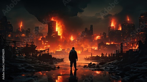 widok płonącego miasta, apokalipsa, zagłada miasta i ludzkości, 