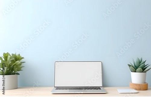Empty screen laptop mockup on an office desk in a modern light office room © Oleksiy