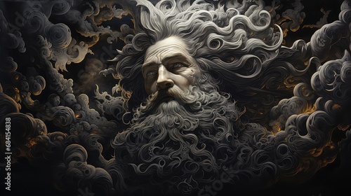 widok boga z brodą i wąsami w chmurach photo