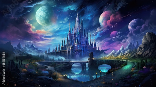 Fantastyczny zamek w kosmosie z planetami i księżycami na kolorowym niebie.   © Bear Boy 