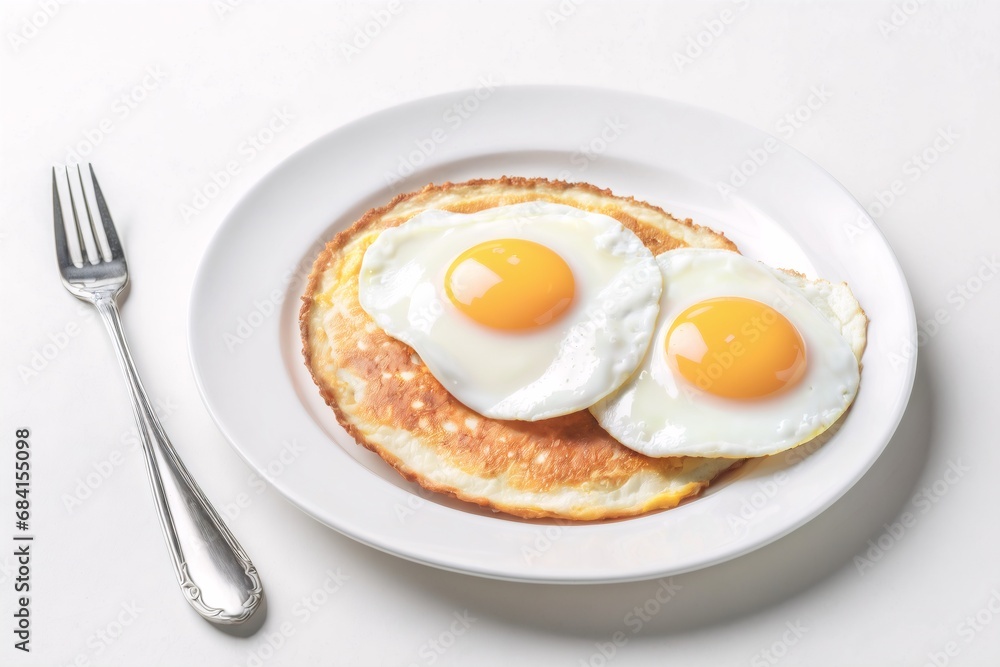 Two fried eggs on white plate for healthy breakfast Two fried eggs on white plate for healthy breakfast