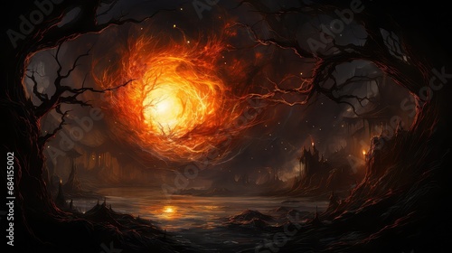 forma sztuki komputerowej płonącego słońca na ciemnym niebie, obraz komputerowy
