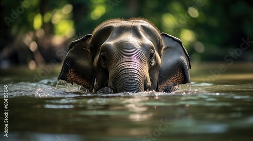 An Asian elephant playfully bathing in a crystal-clear river, its expressive eyes and long eyelashes captivating. Majestic tusks and submerged droplets in a serene, lush green environment