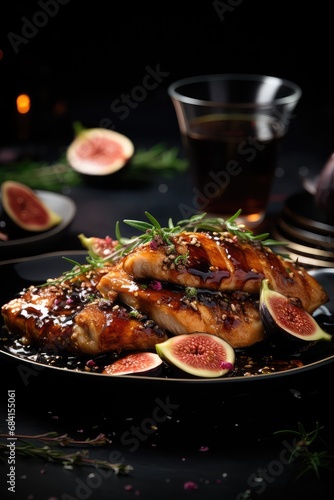 Kurczak pieczony w glazurze z czosnkiem na pięknej zastawie stołowej w ciemnych kolorach. 