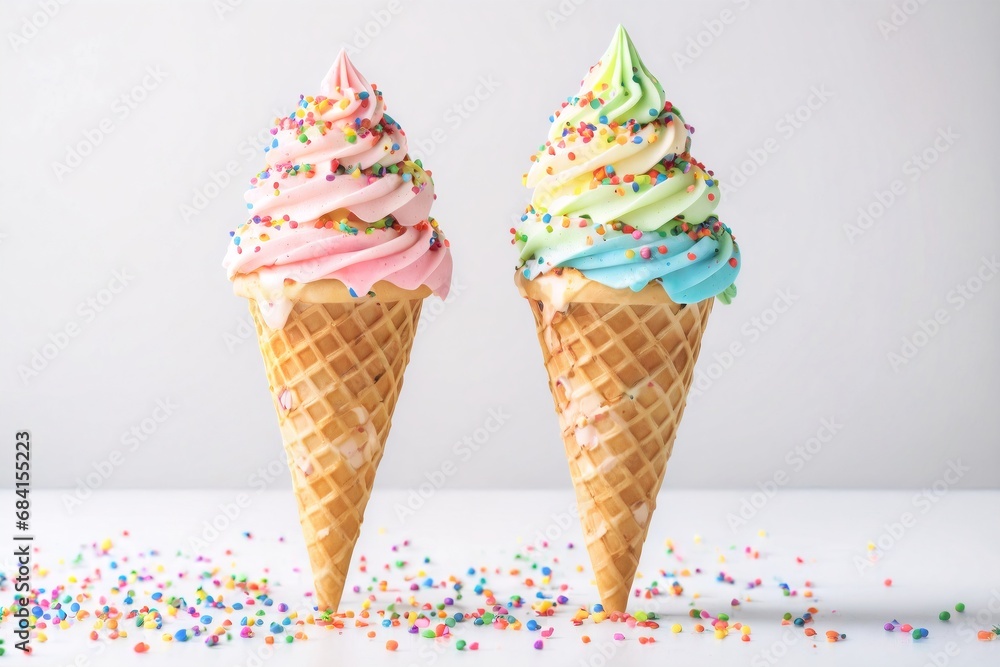 Set of ice cream in waffle cone isolated on white Set of ice cream in waffle cone isolated on white