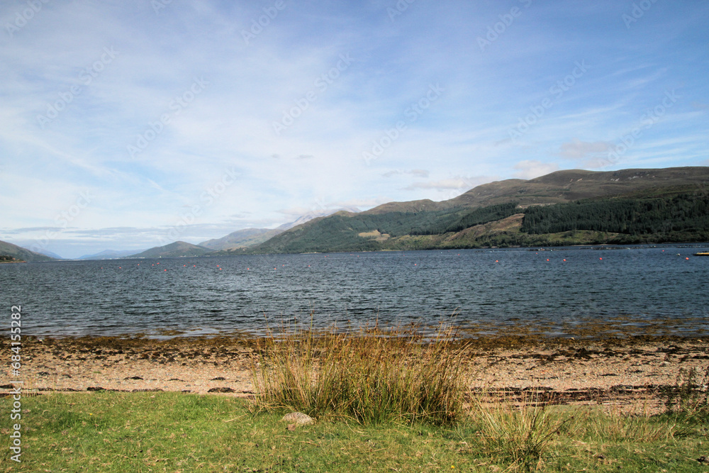 A view of Loch Eli in Scotland looking towards Fort William with Ben Nevis in the background