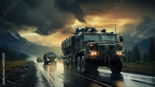Konwój opancerzonych pojazdów wojskowych jadących do bazy wojennej. 
