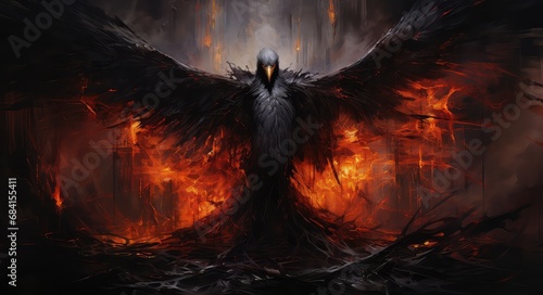 anioł śmierci przedstawiony jako sztuka komputerowa ze skrzydłami jak upadły anioł na płonącym tle