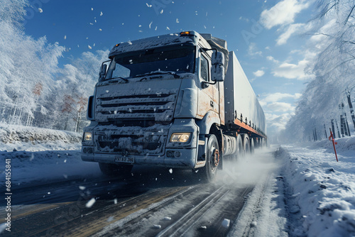 A large truck driving down a snow covered road during the winter.