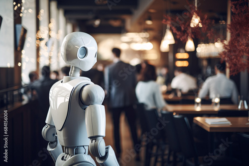 White artificial intelligence robot working as waiter in restaurant photo