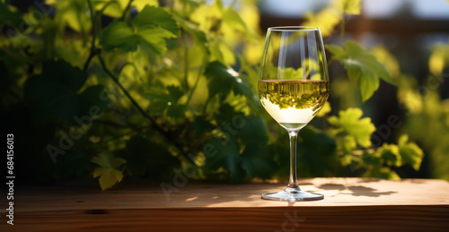 Elegant glass of white wine on blurres background with wine grapes in winery. Young wine. Generative AI