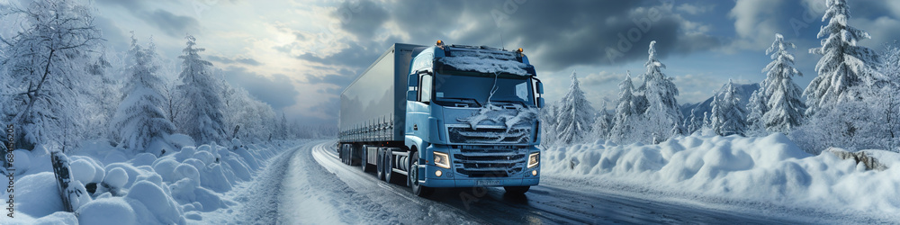 A large truck driving down a snow covered road during the winter. Panoramic image. A large truck driving down a snow covered road during the winter. Panoramic image.
