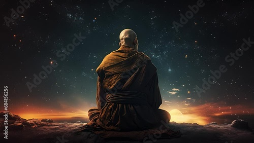 buddhist monk meditates on the background of the starry sky. Created with Generative AI.	
 photo