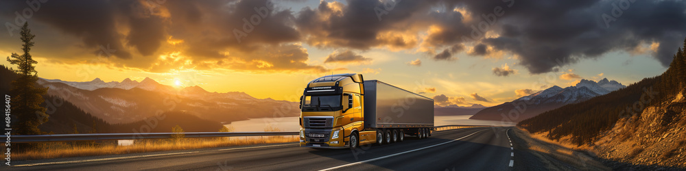 A truck driving down a road and sunrise cloudy sky. Panoramic image.