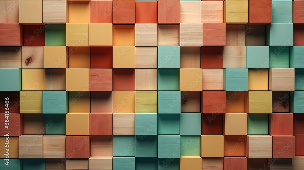 Background of Colorful wooden blocks aligned. 3D wooden blocks background. Generative AI. Background of Colorful wooden blocks aligned. 3D wooden blocks background. Generative AI.